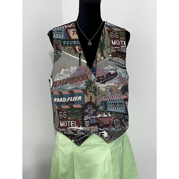 VTG 90s Tapestry Vest Unisex Large Route 66 Hot Rods Hollywood Travel USA - Picture 14 of 14